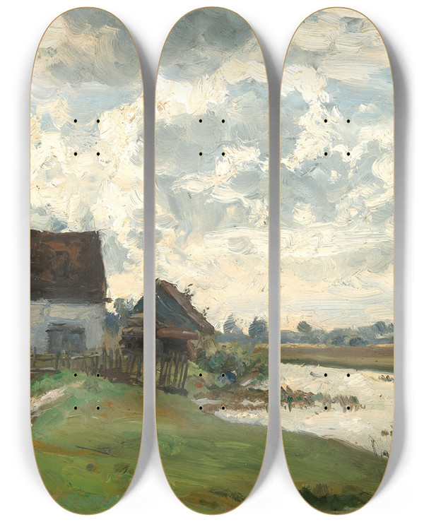 Triptych art skateboard deck of Philipp Rth A River Landscape In Vtting by Philipp Roth (1841-1921)