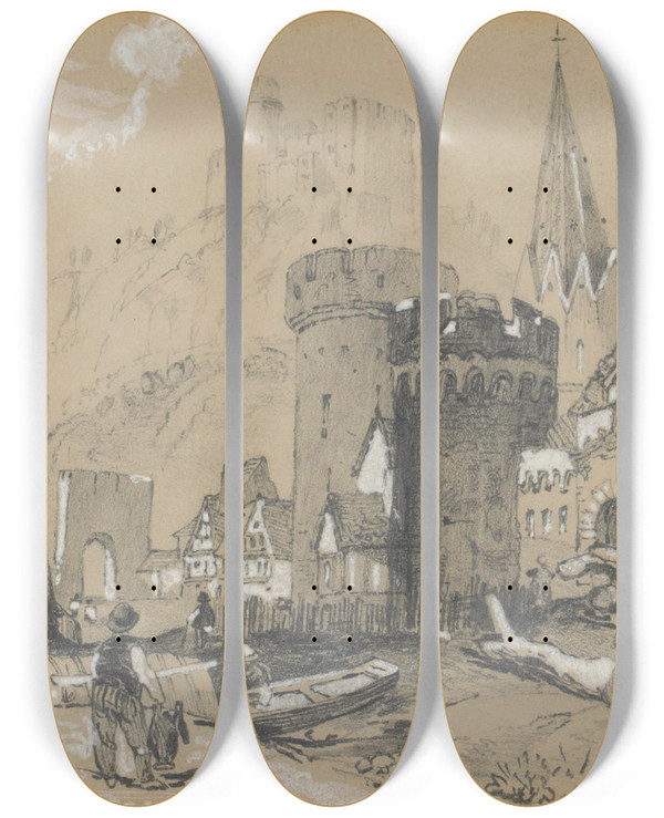 Triptych art skateboard deck of Edward Theodore Compton Oberwesel by Edward Theodore Compton (1849-1921)