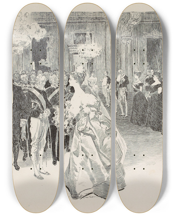 Triptych art skateboard deck of Charles Dana Gibson After Presentation_1 by Charles Dana Gibson (1867-1944)