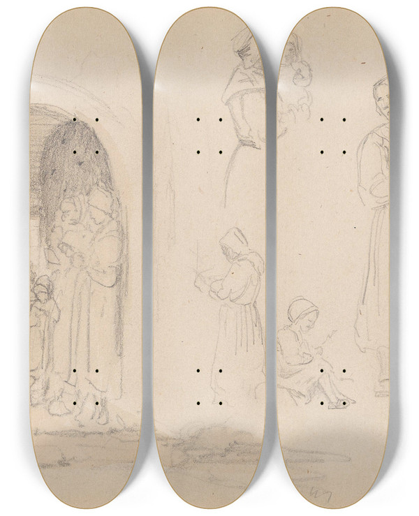 Triptych art skateboard deck of Adolph Tidemand Gudstjeneste Figurstudier by Adolph Tidemand (1814-1876)