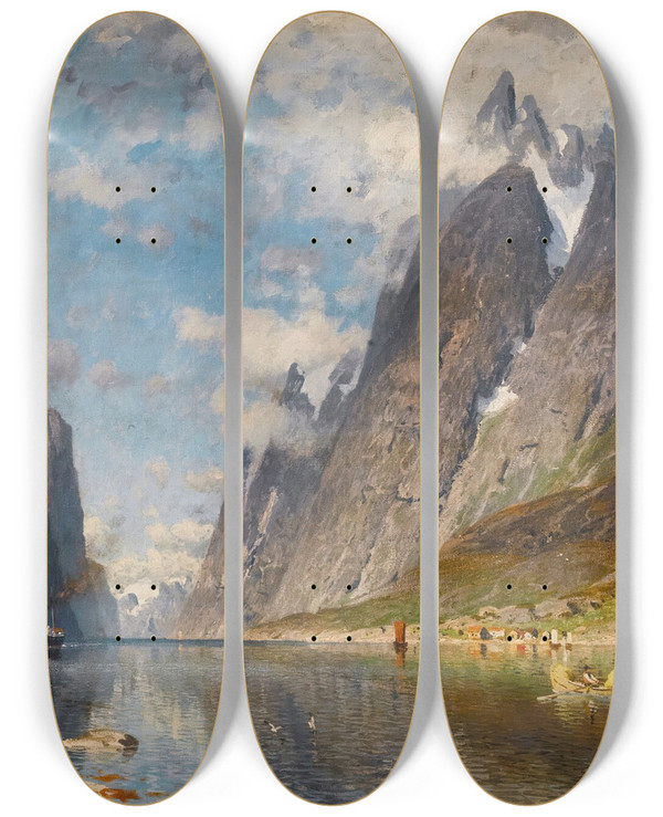 Triptych art skateboard deck of Adelsteen Normann A Norwegian Fjord Possibly The Sognefjord by Adelsteen Normann (1848-1918)