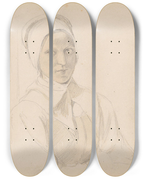 Triptych art skateboard deck of Adolph Tidemand Kvinnefigur Kvinneportrett by Adolph Tidemand (1814-1876)