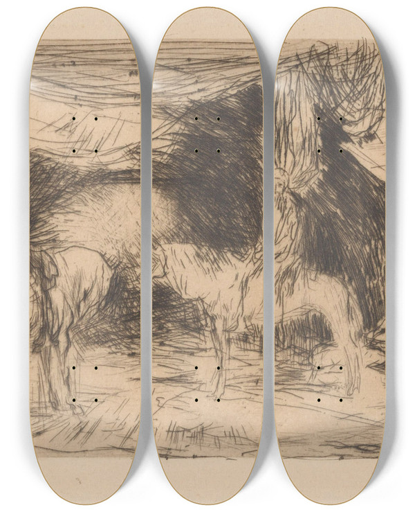 Triptych art skateboard deck of Marius Bauer Bazaar In Smyrna_2 by Marius Bauer (1867-1932)