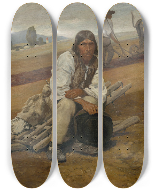Triptych art skateboard deck of Jozef Hanula Native Land Ii by Jozef Hanula (1863-1944)