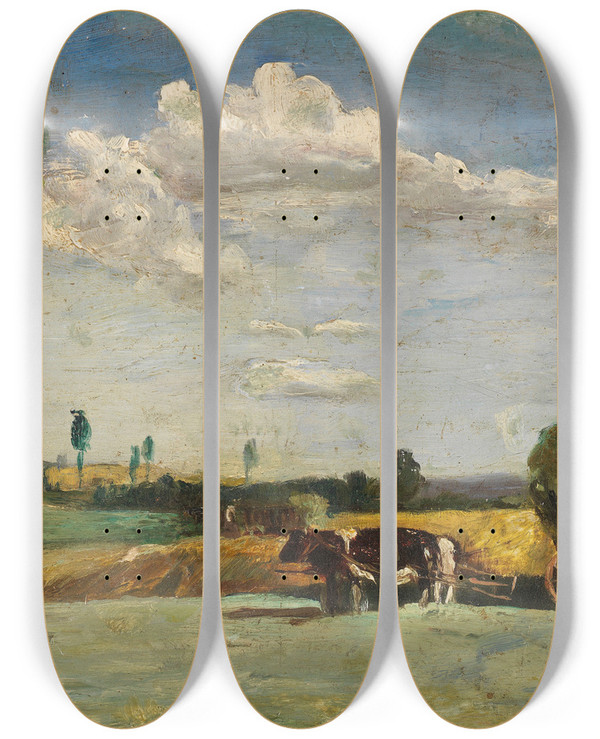Triptych art skateboard deck of Bruno Gimpel Kleine Landschaft Mit Heuwagen by Bruno Gimpel (1886-1943)