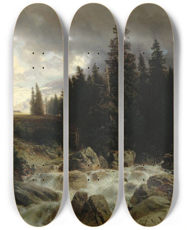 Triptych art skateboard deck of Johann Gottfried Steffan Mountain Landscape by Johann Gottfried Steffan (1815-1905)