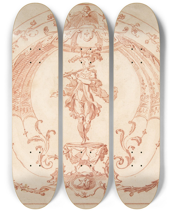 Triptych art skateboard deck of Gillesmarie Oppenord Design For A Decorative Panel With A Flutist by Gilles Marie Oppenord (1672-1742)