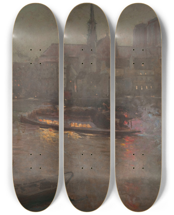 Triptych art skateboard deck of Adolpheernest Gumery Bateaumouche Sur La Seine Le Soir Devant Notredame by Adolphe Ernest Gumery (1861-1943)