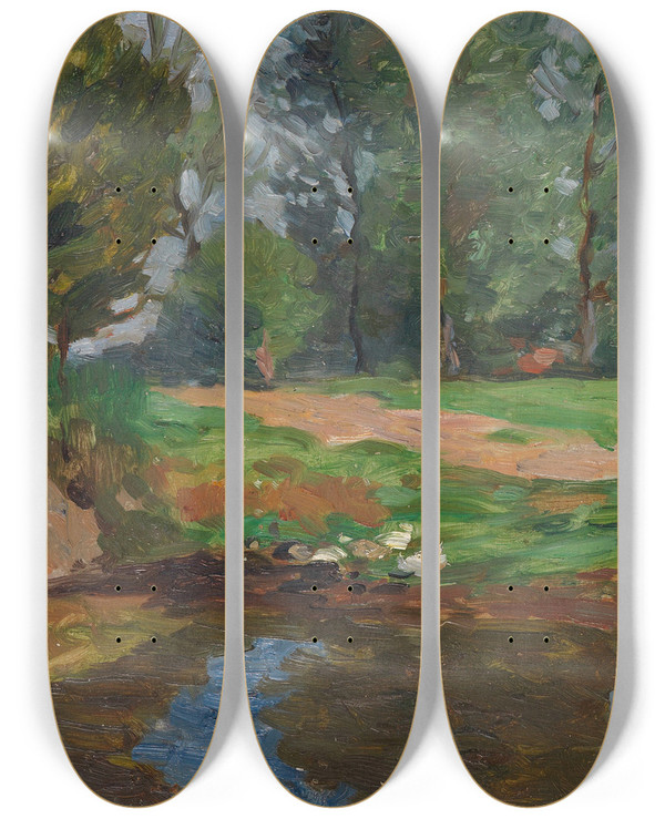 Triptych art skateboard deck of Thomas Herbst Dorflandschaft Mit Enten An Einem Weiher by Thomas Herbst (1848-1915)