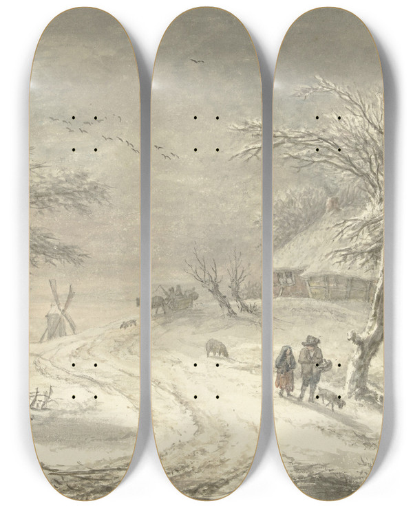 Triptych art skateboard deck of Egbert Van Drielst Wintergezicht Te Exloo Drenthe by Egbert Van Drielst (1746-1818)