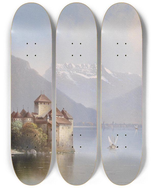 Triptych art skateboard deck of Hubert Sattler Schloss Chillon by Hubert Sattler (1817-1904)