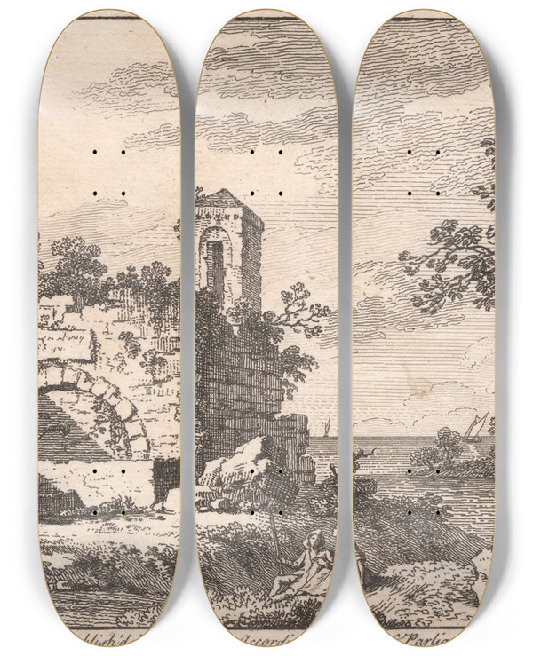 Triptych art skateboard deck of Francois Vivares Landscape With A Ruin A River A Shepherd And Sheep_1 by Francois Vivares