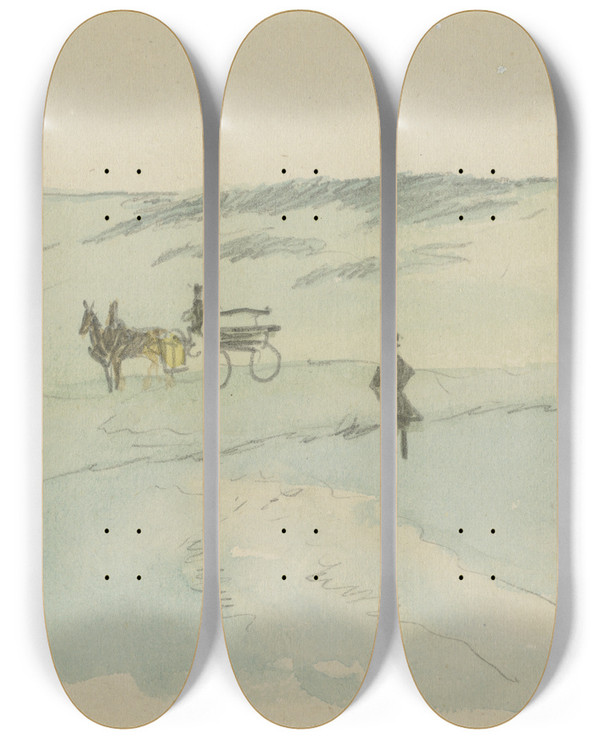 Triptych art skateboard deck of Sir David Wilkie Landscape With Figures And A Carriage by Sir David Wilkie (1785-1841)