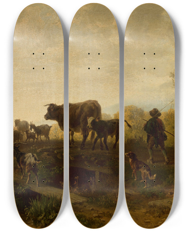 Triptych art skateboard deck of Friedrich Voltz Shepherd With Cattle by Friedrich Voltz (1817-1886)