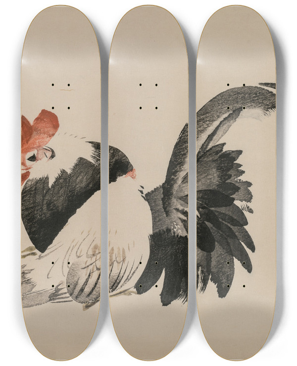 Triptych art skateboard deck of Shibata Zeshin Rooster Hen And Chicks by Shibata Zeshin (1807-1891)