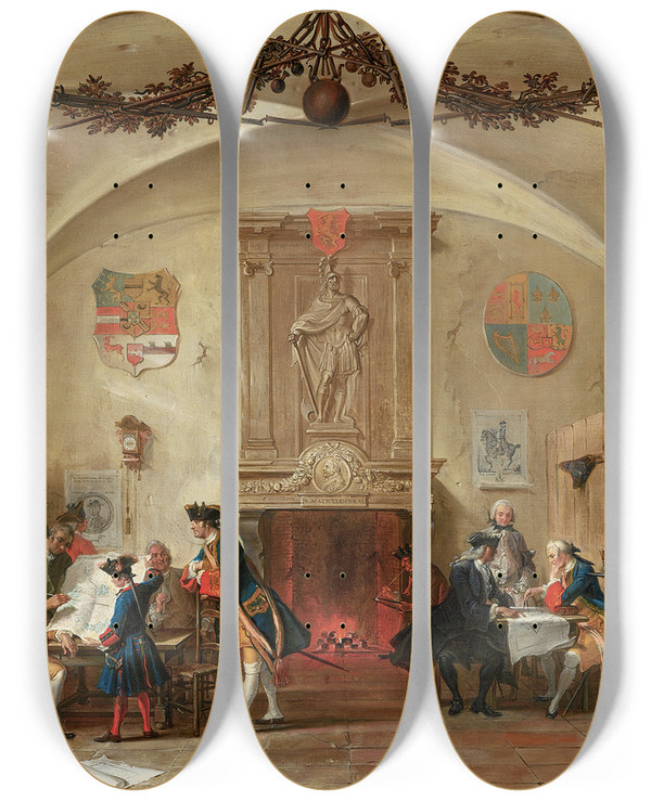 Triptych art skateboard deck of Cornelis Troost Guardroom Scene_1 by Cornelis Troost (1696-1750)