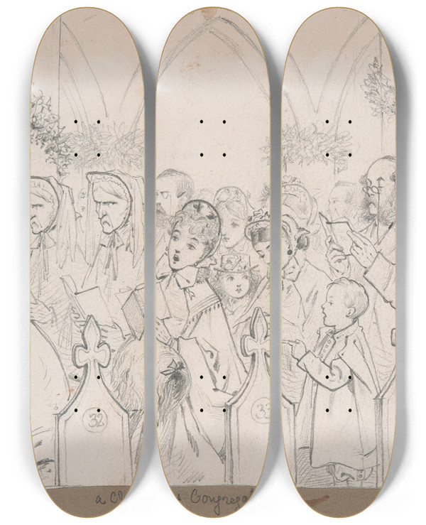 Triptych art skateboard deck of Adelaide Claxton A Christmas Congregation by Adelaide Claxton (1841-1927)