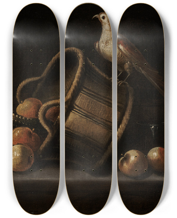 Triptych art skateboard deck of Blas De Ledesma Still Life With Fruit And Abird by Blas de Ledesma