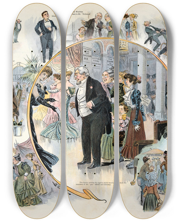 Triptych art skateboard deck of Samuel Ehrhart Into Society Via The Walledoff by Samuel Ehrhart (1862-1937)
