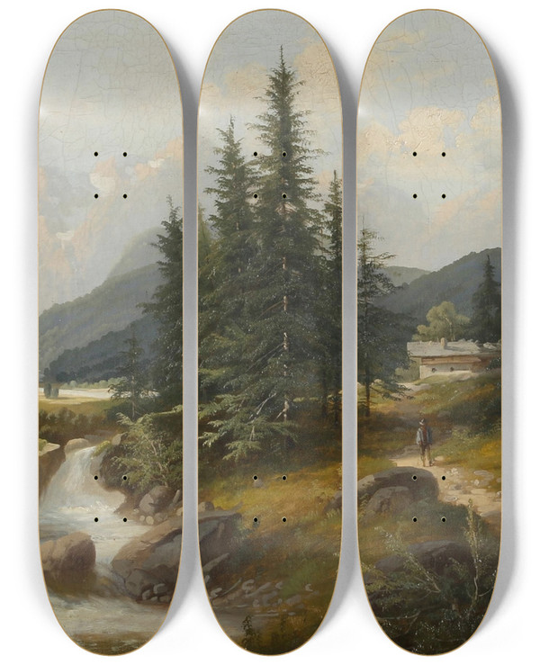 Triptych art skateboard deck of Josef Burgaritzky Bachlandschaft by Josef Burgaritzky (1836-1890)