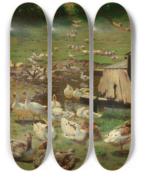 Triptych art skateboard deck of Adolf Lins A Summer Day Geese By A Pond by Adolf Lins (1856-1927)