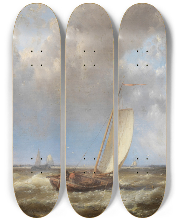 Triptych art skateboard deck of Abraham Hulk Shipping Off The Coast by Abraham Hulk (1813-1897)