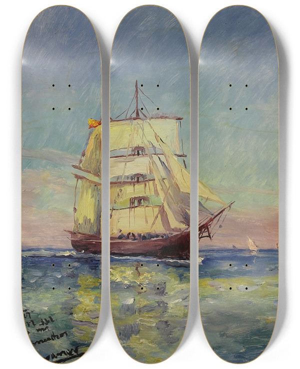 Triptych art skateboard deck of Luis Graner I Arrufi Nave Sobre El Mar Ship At Sea by Luis Graner I Arrufi (1863-1929)