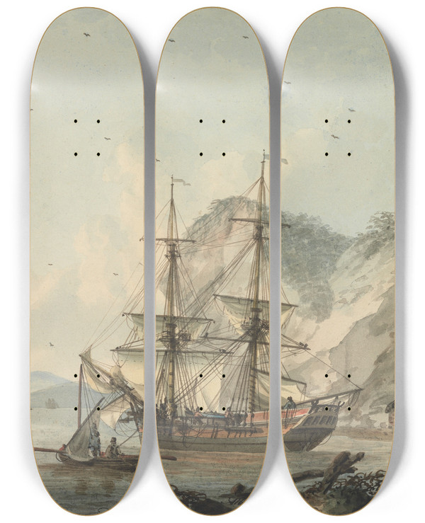 Triptych art skateboard deck of Samuel Atkins Merchant Ship Off Shore by Samuel Atkins (1760-1810)