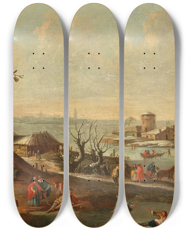 Triptych art skateboard deck of Pieter Bout A Winter Harbour Scene With Iceskaters by Pieter Bout (1658-1719)