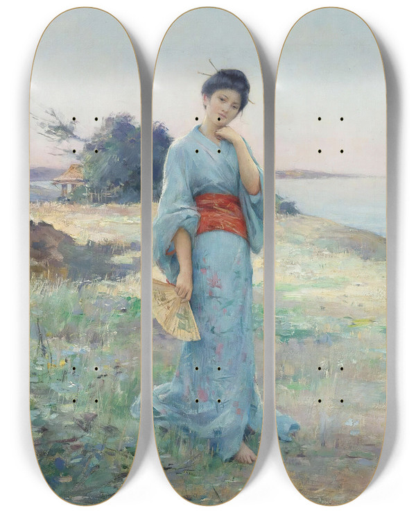 Triptych art skateboard deck of Raphal Collin The Blue Kimono by Raphael Collin (1850-1916)