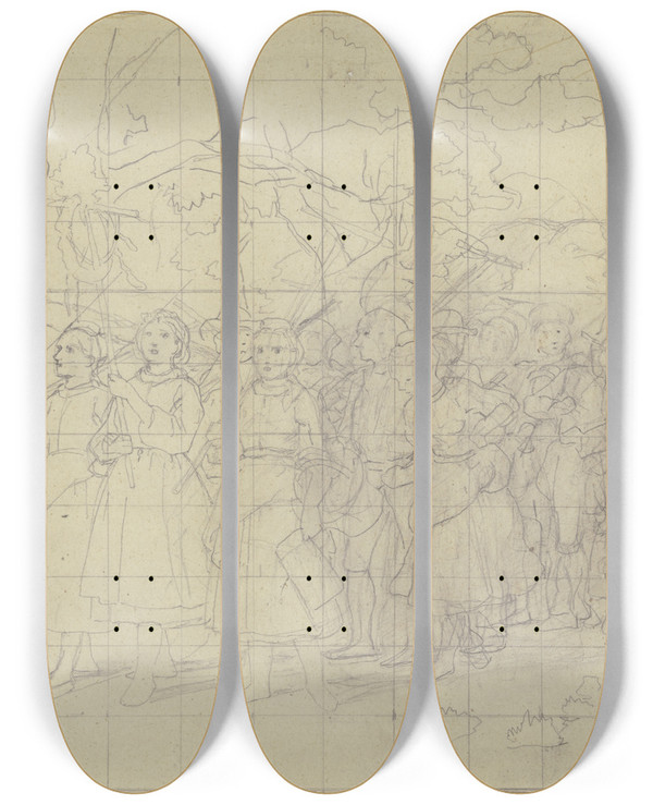 Triptych art skateboard deck of Jakob Becker Feierliche Heimkehr Vom Feld by Jakob Becker (1810-1872)
