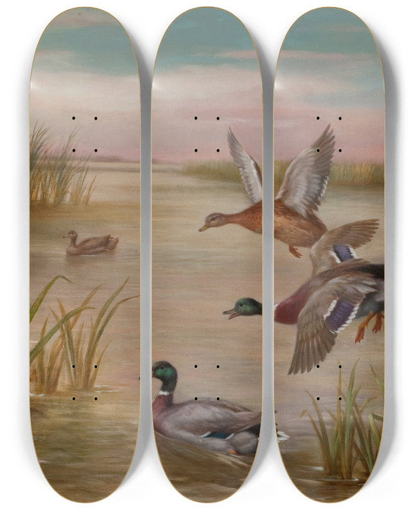 Triptych art skateboard deck of Edgar Hunt Ducks In Flight_1 by Edgar Hunt (1876-1953)