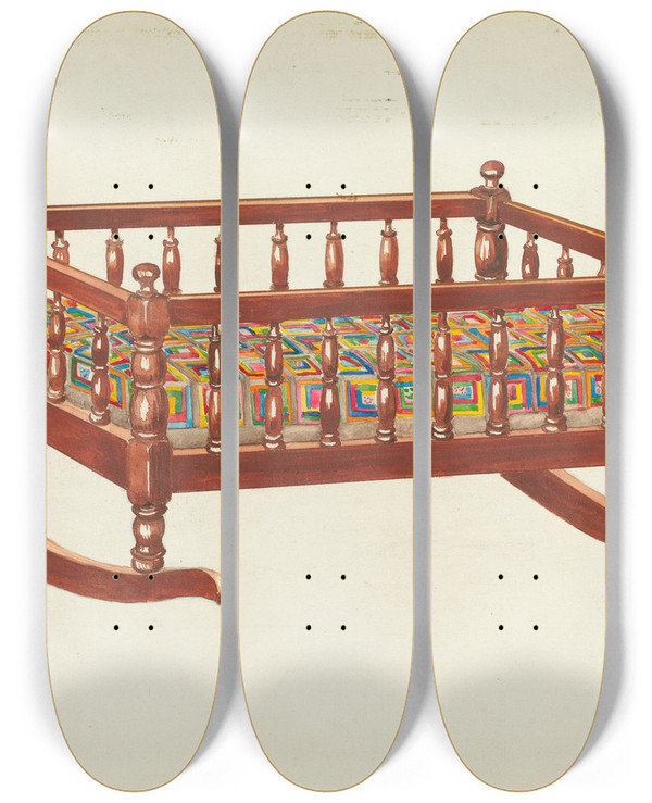 Triptych art skateboard deck of Margaret Linsley Dolls Cradle And Quilt by Margaret Linsley