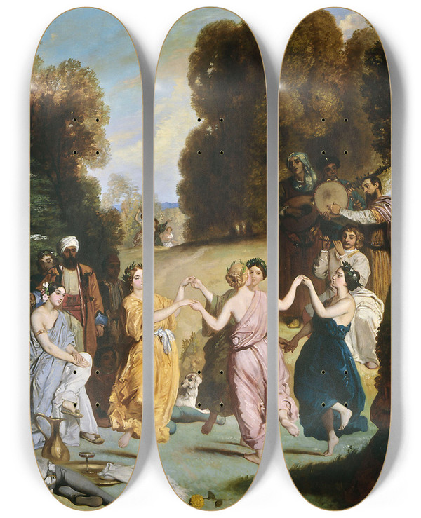 Triptych art skateboard deck of Louis Candide Boulanger La Danse Des Muses by Louis Candide Boulanger (1806-1867)