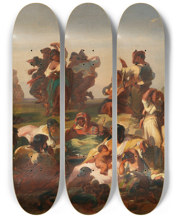 Triptych art skateboard deck of Jakob Grnenwald Zigeunerlager by Jakob Grunenwald (1821-1896)