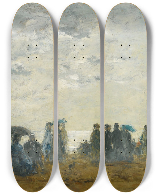 Triptych art skateboard deck of Eugne Boudin Scne De Plage Trouville_1 by Eugene Boudin (1824-1898)
