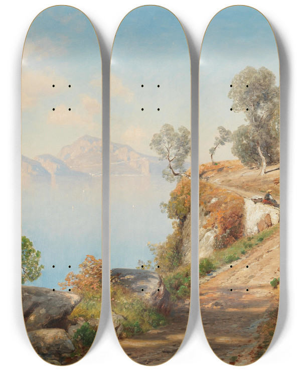 Triptych art skateboard deck of Ascan Lutteroth View Of Capri by Ascan Lutteroth (1842-1923)