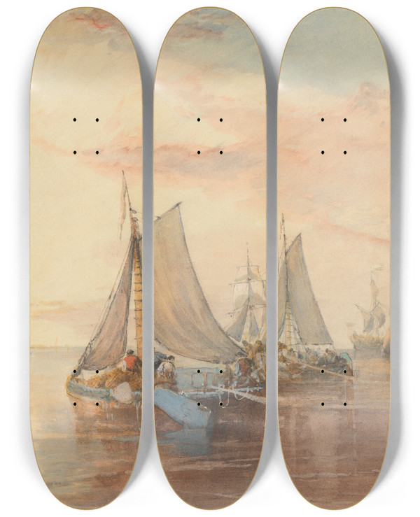 Triptych art skateboard deck of James Baker Pyne Shipping In A Calm by James Baker Pyne (1800-1870)