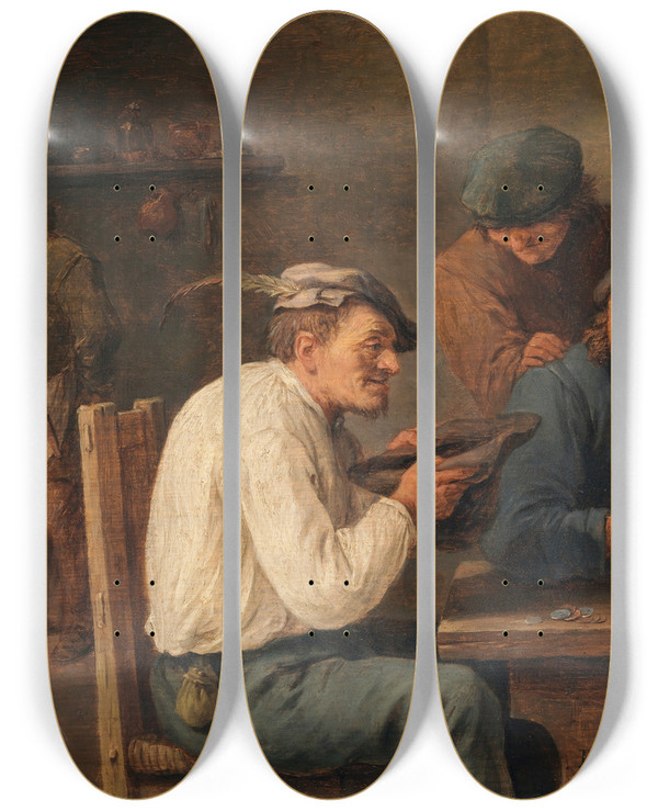 Triptych art skateboard deck of David Teniers The Younger Hustlecap by David Teniers The Younger (1610-1690)