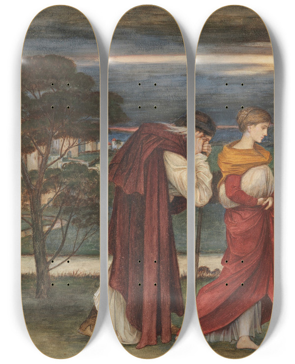 Triptych art skateboard deck of John Roddam Spencer Stanhope Age And Beauty by John Roddam Spencer Stanhope (1829-1908)