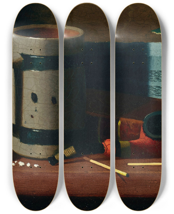 Triptych art skateboard deck of John Frederick Peto Tankard Pipe Matches And Biscuit by John Frederick Peto (1854-1907)