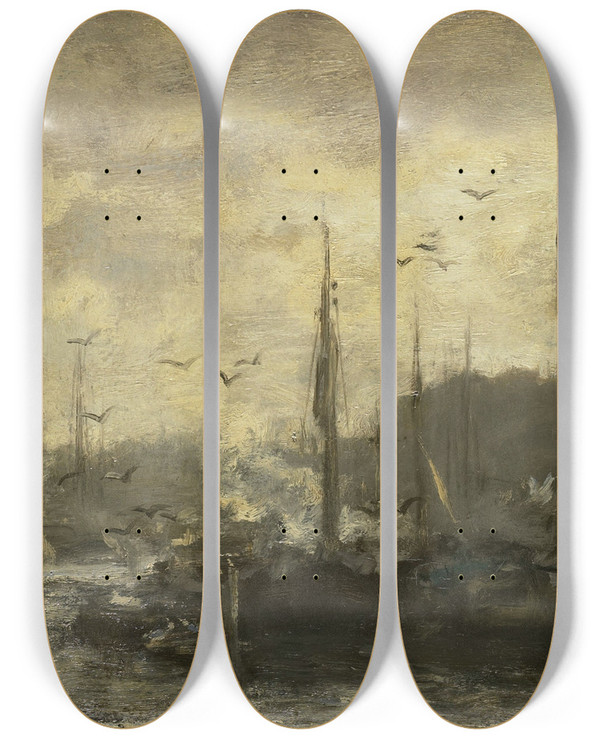 Triptych art skateboard deck of Jacob Maris Harbor View by Jacob Maris (1837-1899)
