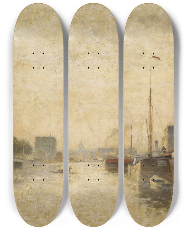 Triptych art skateboard deck of Stanislas Lpine Canal Saintdenis Paris by Stanislas Lepine (1835-1892)