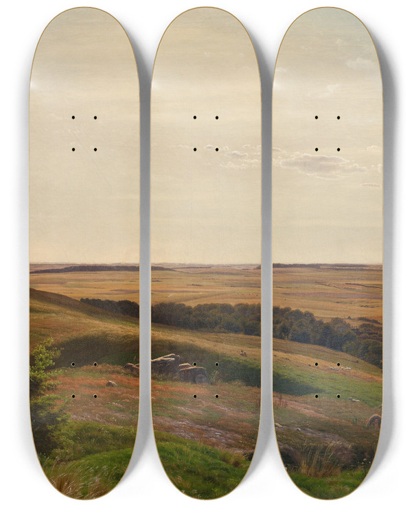 Triptych art skateboard deck of Vilhelm Kyhn Bjerglide I Nrheden Af Horsens Eftermiddag by Vilhelm Kyhn (1819-1903)