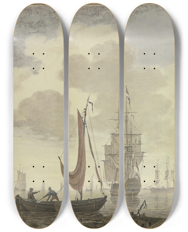 Triptych art skateboard deck of Cornelis De Grient Marine Rechts Ein Ruderboot Mit Fnf Figuren by Cornelis de Grient (1691-1783)