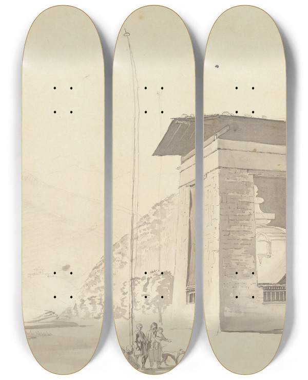 Triptych art skateboard deck of Samuel Davis Near Taussadon Tashicho Dzong by Samuel Davis (1757-1819)
