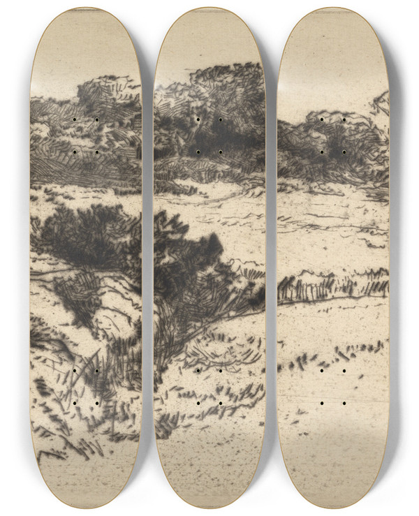 Triptych art skateboard deck of Francis Seymour Haden Windmill Hill No 2 by Francis Seymour Haden (1818-1910)