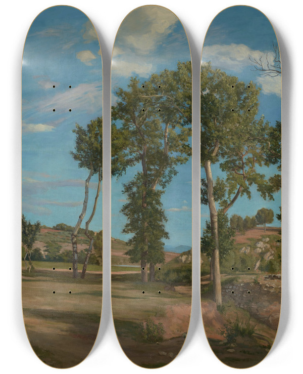 Triptych art skateboard deck of Frdric Bazille Landscape By The Lez River by Frederic Bazille (1841-1870)