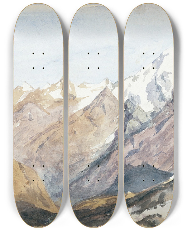 Triptych art skateboard deck of John Singer Sargent Mountain Study by John Singer Sargent (1856-1925)