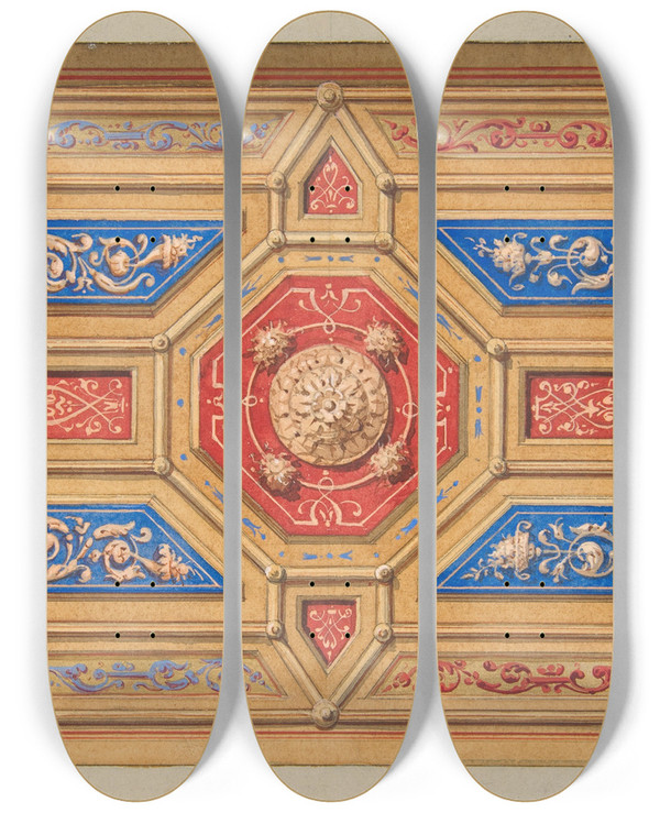 Triptych art skateboard deck of Julesedmondcharles Lachaise Design For A Paneled Ceiling_1 by Jules-Edmond-Charles Lachaise (1897)